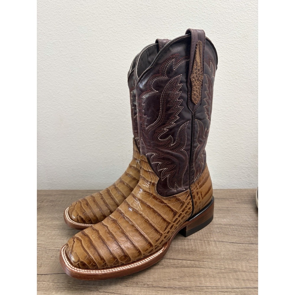 Men's Genuine Caiman Tail Cowboy Boots Honey Cognac Square Toe Exotic SZ 10.5
